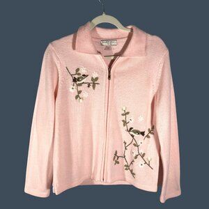 Allison Daley Petite S baby Pink Bird Embroidered Full Zip polo collar Cardigan